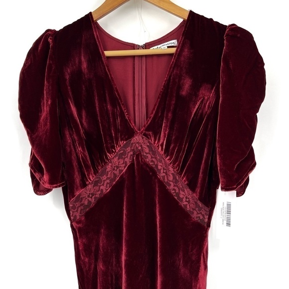 NWT Reformation Malaga Velvet Dress Ruby Red Velvet Lace Puff Shoulder Chianti - Picture 9 of 14
